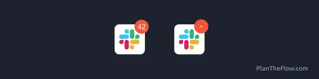 Slack notification badges on macOS icon - number badge for direct messages or mentions and red dot indicator for channel activity